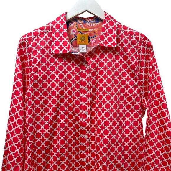 Ruby Rd Womens Shirt Size 10 Red Geo Preppy Print Long Sleeve Button Up - Picture 4 of 10